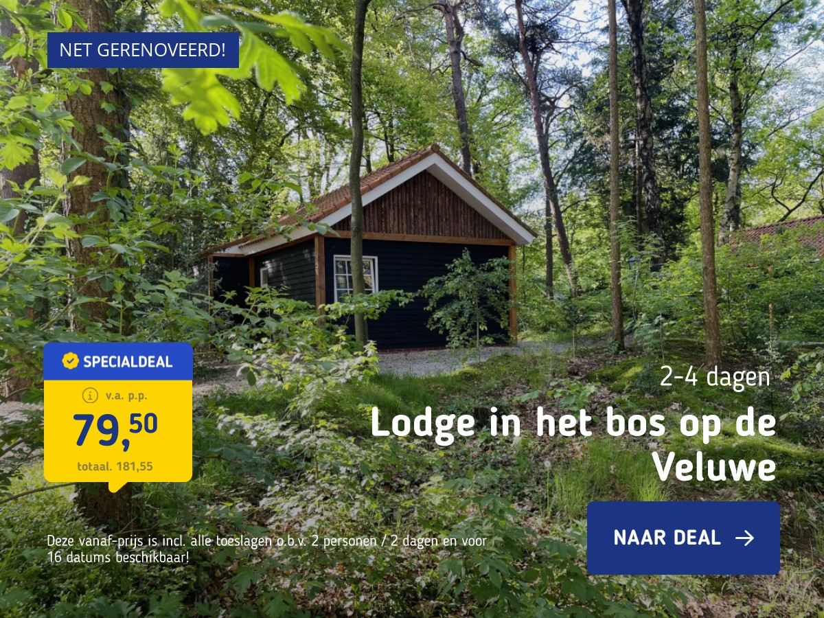 MEGA DEAL!⚡️ Verblijf midden op de Veluwe in de natuur in een splinternieuwe Lodge Deluxe incl. ontbijt